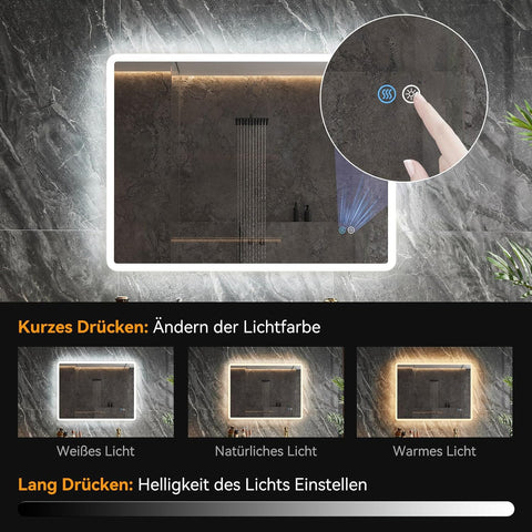 Led Spiegel Bad Badspiegel mit Beleuchtung - Badezimmerspiegel Anti-Beschlag - Smart Wandspiegel mit Licht - Beleuchteter Spiegel Bad mit Touch