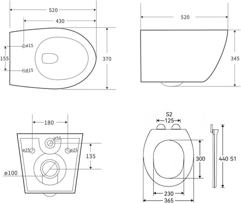 Hänge WC Toilette aus Keramik mit Toilettendeckel mit Absenkautomatik - Toilettenschüssel mit Einloch-Superspin-Spülung