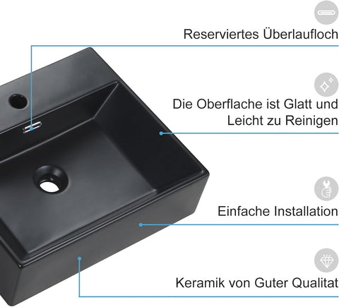 Waschbecken Mattschwarze Waschtisch aus Keramik - Aufsatzwaschbecken Eckig - Hänge Waschbecken Bad - mit Hahnloch und Überlaufloch