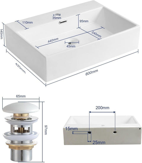 Waschbecken Waschtisch aus Keramik - 60 x 42 x 14cm - Aufsatzwaschbecken Eckig - Hänge Bad - mit Hahnloch und Überlauf