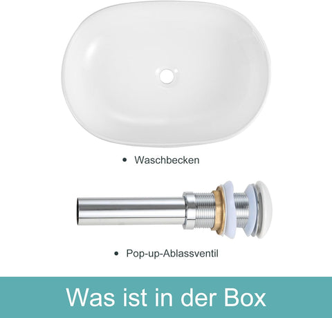 Waschbecken Oval Weiß - Aufsatzwaschbecken aus Keramik - Aufsatzwaschtisch für Badezimmer und Gäste WC - Waschtisch mit Lotus-Effekt -