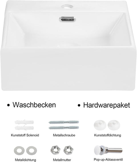 Waschbecken Bad aus Keramik - Waschtisch 40,5 × 42 × 14 cm cm- Aufsatzwaschbecken Eckig mit Pop-up Ablassventil