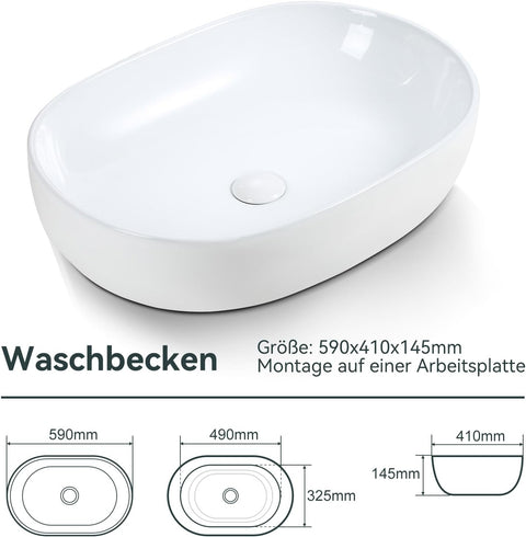 Waschbecken Oval Weiß - Aufsatzwaschbecken aus Keramik - Aufsatzwaschtisch für Badezimmer und Gäste WC - Waschtisch mit Lotus-Effekt -