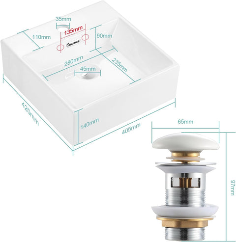 Waschbecken Bad aus Keramik - Waschtisch 40,5 × 42 × 14 cm cm- Aufsatzwaschbecken Eckig mit Pop-up Ablassventil
