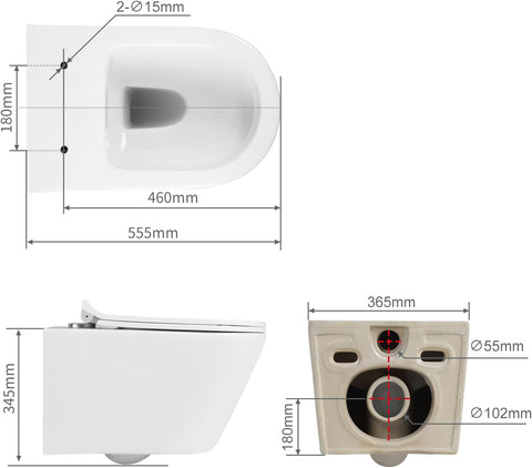 Hänge WC Spülrandlos aus Keramik - Wand WC mit Abnehmbareren Deckel - Toilette Deckel mit Absenkautomatik