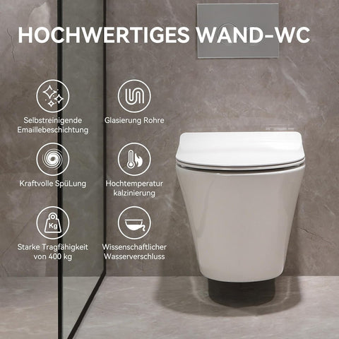 Hänge WC Wand WC mit Toilettendeckel mit Absenkautomatik - geruchsarmer Tiefspüler WC - Toilette aus Keramik mit Nano Beschichtung