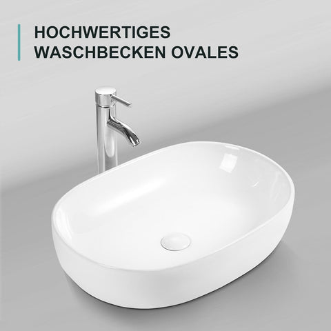 Waschbecken Oval Weiß - Aufsatzwaschbecken aus Keramik - Aufsatzwaschtisch für Badezimmer und Gäste WC - Waschtisch mit Lotus-Effekt -