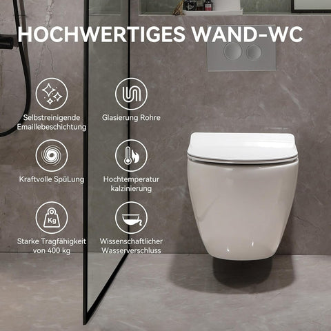 Hänge WC Toilette Komplettset aus Keramik - Wand WC mit WC Sitz mit Absenkautomatik - Toiletten mit Nano Beschichtung